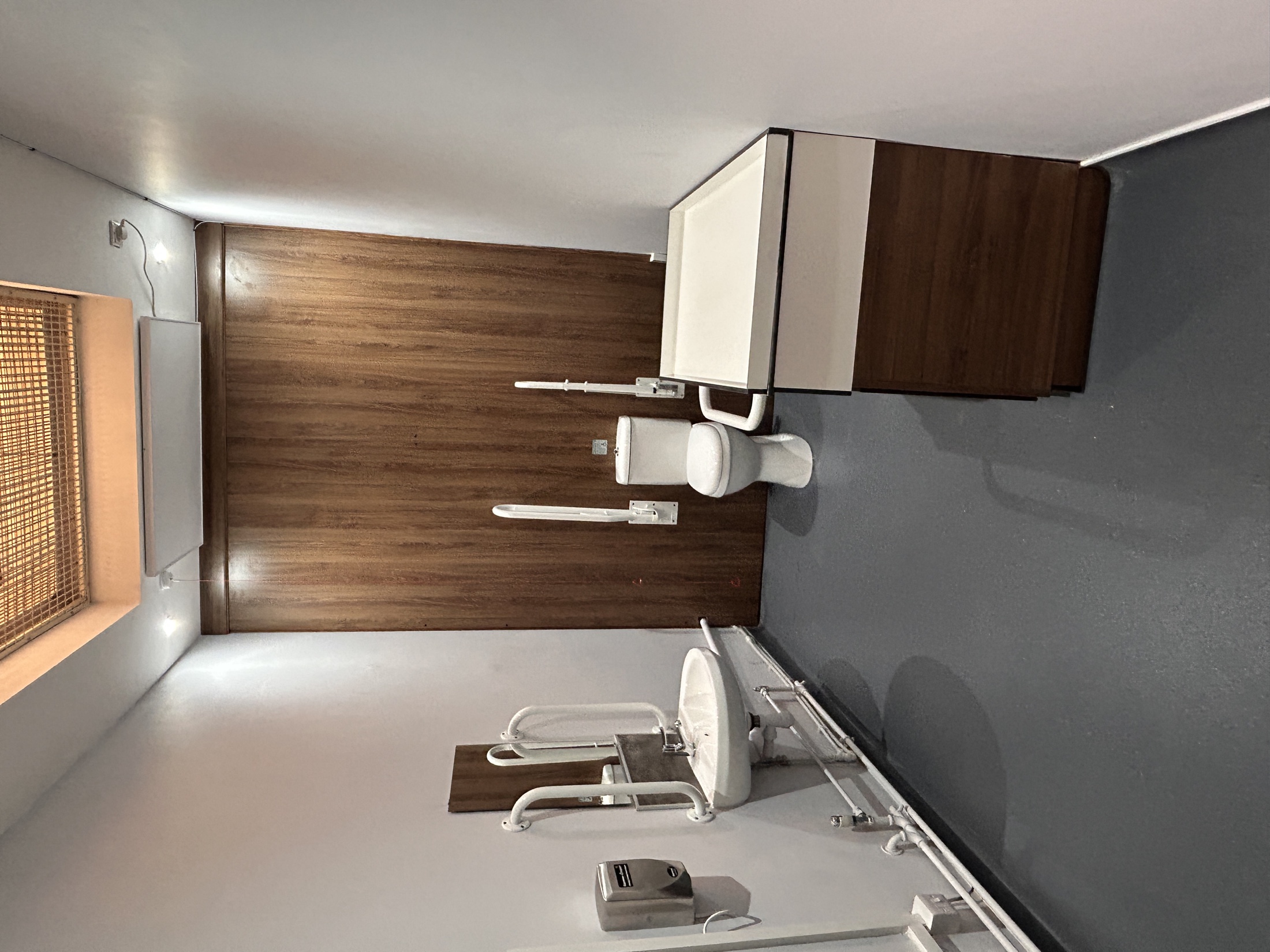 Accessible commercial WC with grab rails, basin and a changing surface.